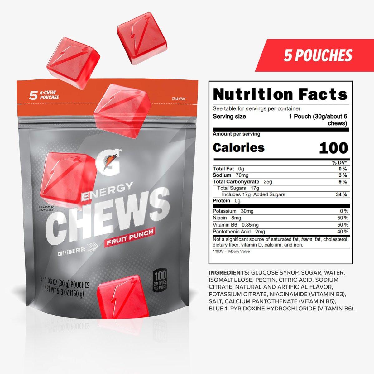 Gatorade Energy Chews, Fruit Punch, Koffeinfrei, B12, 100-Kalorien-Pouches (5er-Pack)