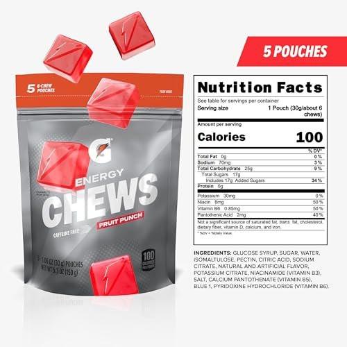 Gatorade Energy Chews, Fruit Punch, Koffeinfrei, B12, 100-Kalorien-Pouches (5er-Pack)