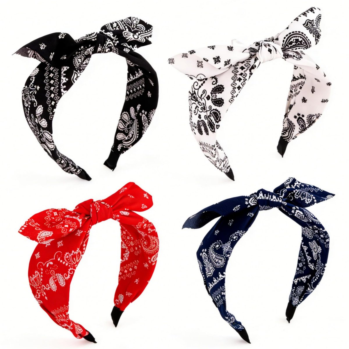 Aushamtai 4er-Pack Paisley Bandana Stirnbänder mit Top-Knoten-Schleife für Frauen, niedliche Hasenohren-Haarbänder, Vintage-Boho-Haarreifen