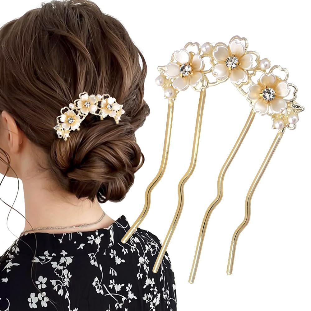 Perlenblumen-Haarklammern für Frauen – U-förmige französische Haarnadeln aus Goldmetall, Blumenhaarspangen für Hochzeiten, Bräute, Brautjungfern