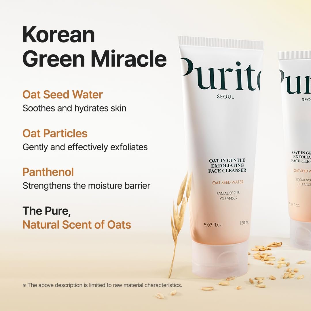 Purito Oat Exfoliating Facial Polish Cleanser - Peeling-Gesichtsreiniger mit Haferflocken, sanftes Peeling, hydratisierend, Poren verfeinernd, Panthenol, Haferwasser, vegan, nicht komedogen, koreanische Hautpflege, 150 ml