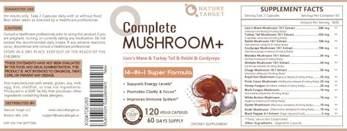 NATURE TARGET 14-in-1 Pilz-Komplex – Löwenmähne, Cordyceps, Reishi, Turkey Tail – Koffeinfreie Energie, Gedächtnis & Immununterstützung – Vegan, 120 Kapseln