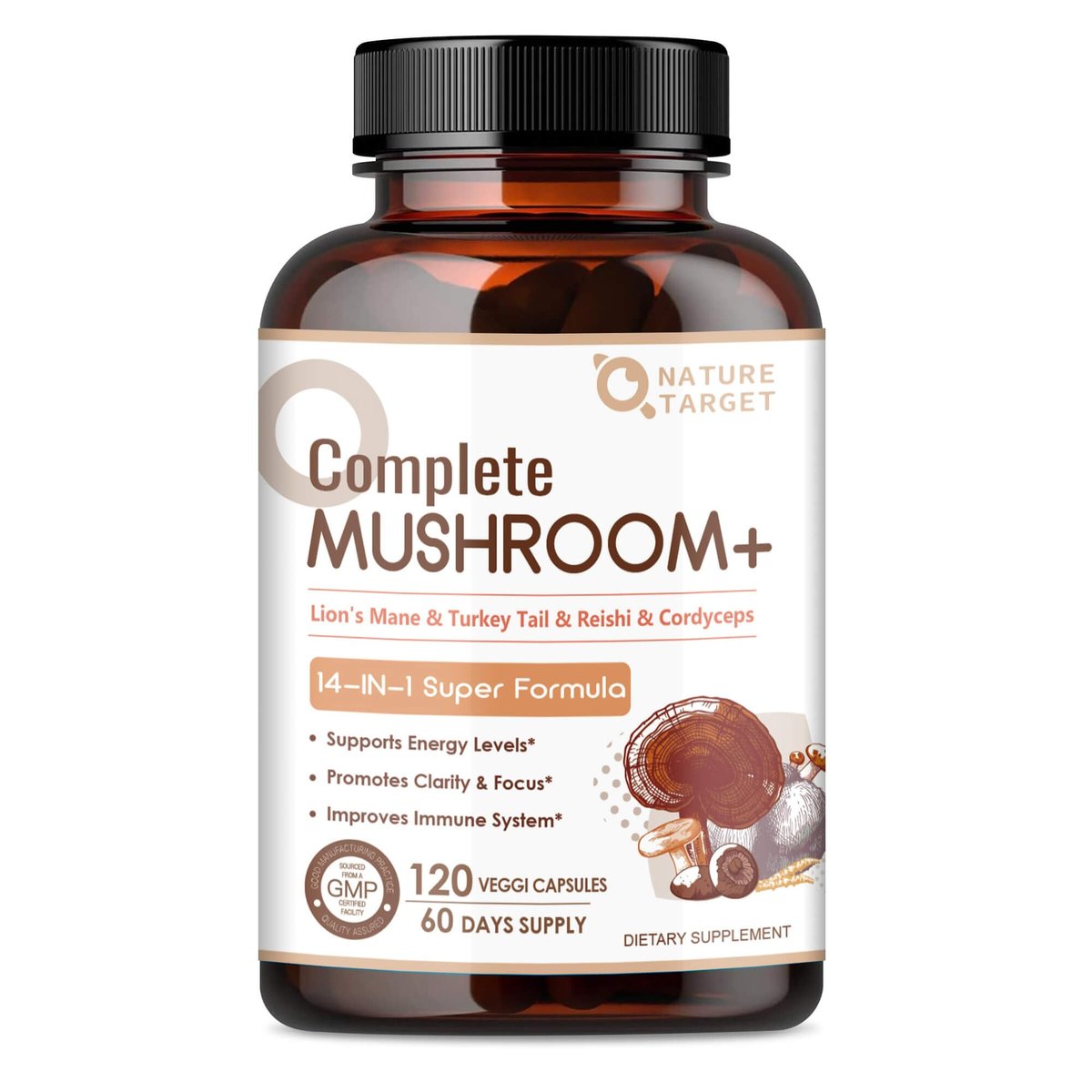NATURE TARGET 14-in-1 Pilz-Komplex – Löwenmähne, Cordyceps, Reishi, Turkey Tail – Koffeinfreie Energie, Gedächtnis & Immununterstützung – Vegan, 120 Kapseln