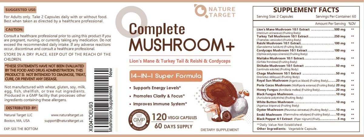 NATURE TARGET 14-in-1 Pilz-Komplex – Löwenmähne, Cordyceps, Reishi, Turkey Tail – Koffeinfreie Energie, Gedächtnis & Immununterstützung – Vegan, 120 Kapseln