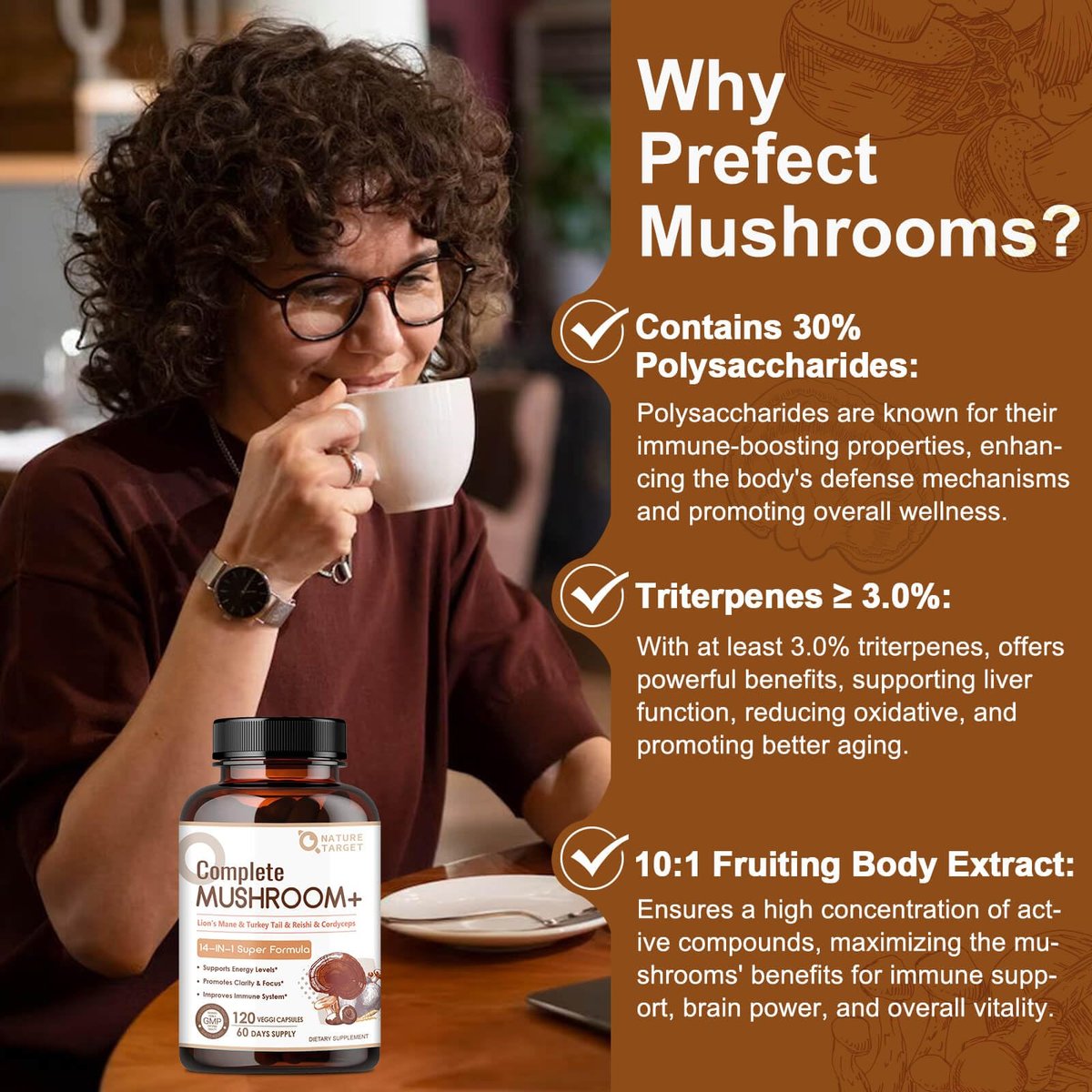 NATURE TARGET 14-in-1 Pilz-Komplex – Löwenmähne, Cordyceps, Reishi, Turkey Tail – Koffeinfreie Energie, Gedächtnis & Immununterstützung – Vegan, 120 Kapseln