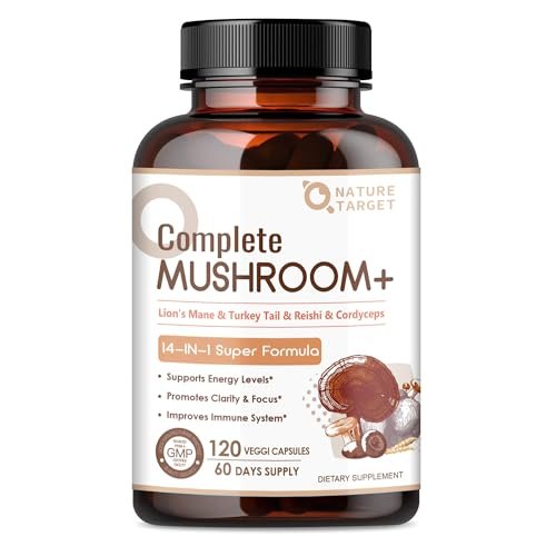 NATURE TARGET 14-in-1 Pilz-Komplex – Löwenmähne, Cordyceps, Reishi, Turkey Tail – Koffeinfreie Energie, Gedächtnis & Immununterstützung – Vegan, 120 Kapseln