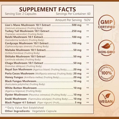 NATURE TARGET 14-in-1 Pilz-Komplex – Löwenmähne, Cordyceps, Reishi, Turkey Tail – Koffeinfreie Energie, Gedächtnis & Immununterstützung – Vegan, 120 Kapseln