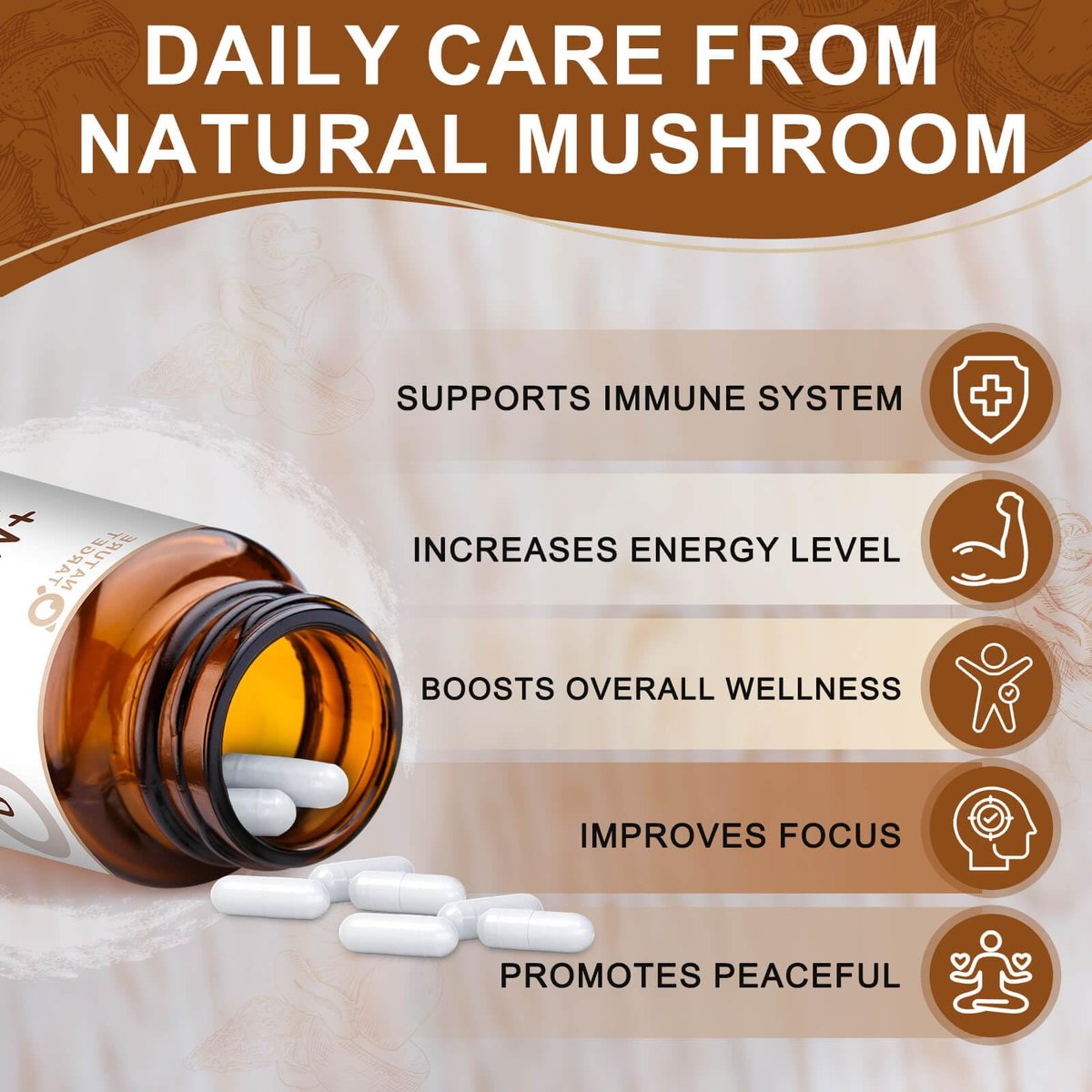 NATURE TARGET 14-in-1 Pilz-Komplex – Löwenmähne, Cordyceps, Reishi, Turkey Tail – Koffeinfreie Energie, Gedächtnis & Immununterstützung – Vegan, 120 Kapseln