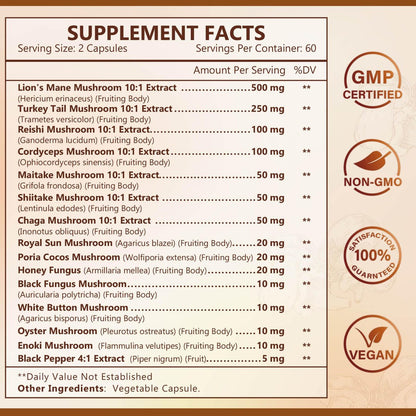 NATURE TARGET 14-in-1 Pilz-Komplex – Löwenmähne, Cordyceps, Reishi, Turkey Tail – Koffeinfreie Energie, Gedächtnis & Immununterstützung – Vegan, 120 Kapseln