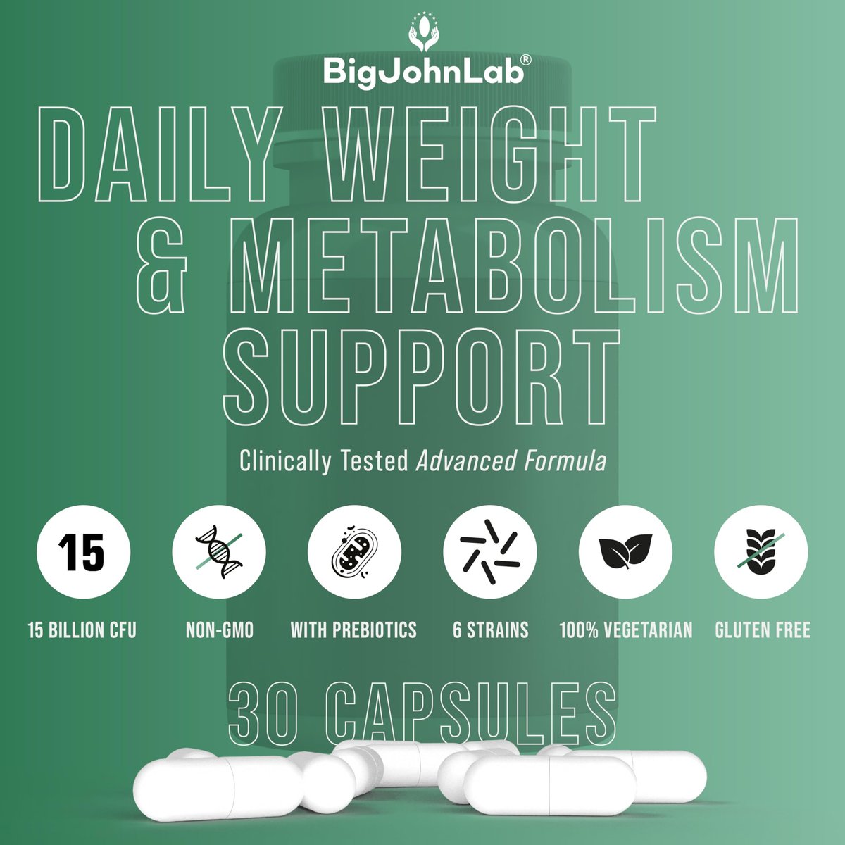 BIGJOHNLAB® Probiotika für Gewichtsmanagement & Blähungen - 6 probiotische Stämme - Präbiotika - Schlüsselzutaten Cayenne & Grüner Tee - Unterstützt die Darmgesundheit - Gewichtsmanagement für Frauen & Männer - 30 Kapseln