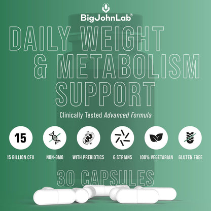 BIGJOHNLAB® Probiotika für Gewichtsmanagement & Blähungen - 6 probiotische Stämme - Präbiotika - Schlüsselzutaten Cayenne & Grüner Tee - Unterstützt die Darmgesundheit - Gewichtsmanagement für Frauen & Männer - 30 Kapseln