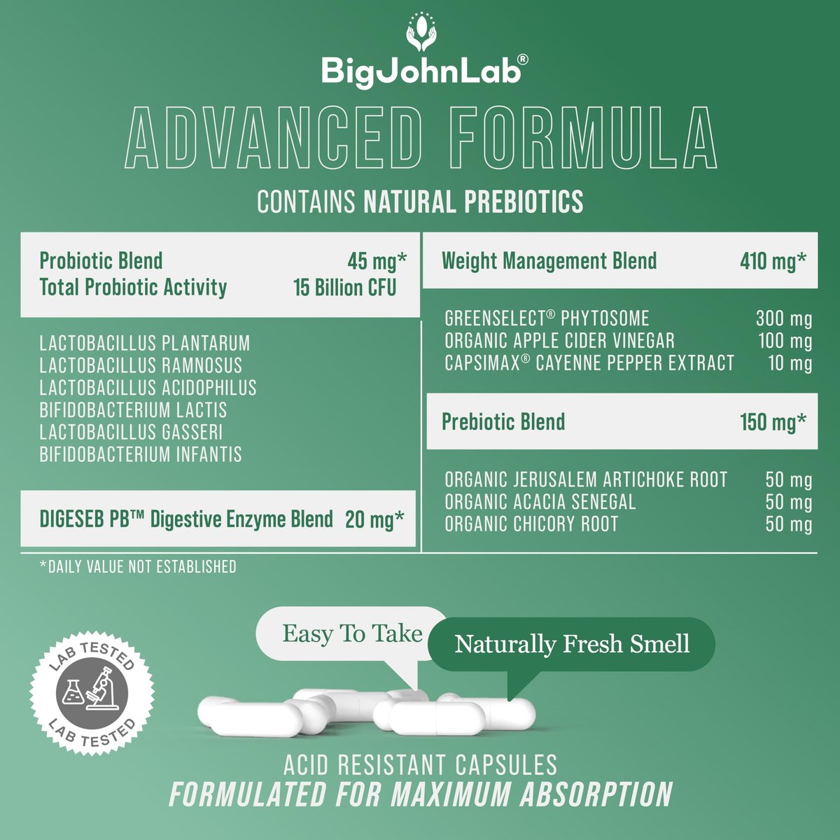 BIGJOHNLAB® Probiotika für Gewichtsmanagement & Blähungen - 6 probiotische Stämme - Präbiotika - Schlüsselzutaten Cayenne & Grüner Tee - Unterstützt die Darmgesundheit - Gewichtsmanagement für Frauen & Männer - 30 Kapseln