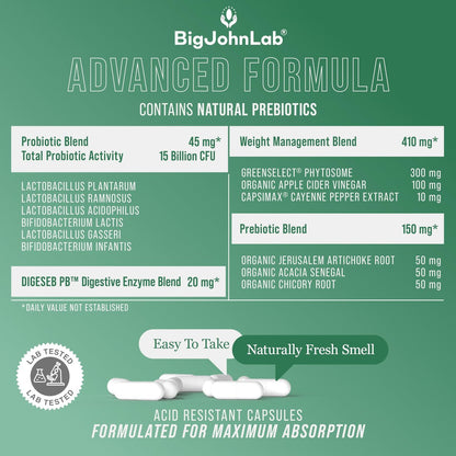BIGJOHNLAB® Probiotika für Gewichtsmanagement & Blähungen - 6 probiotische Stämme - Präbiotika - Schlüsselzutaten Cayenne & Grüner Tee - Unterstützt die Darmgesundheit - Gewichtsmanagement für Frauen & Männer - 30 Kapseln