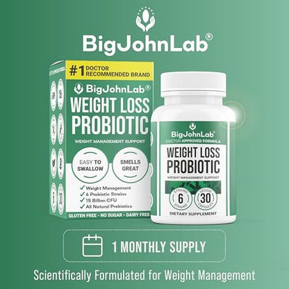 BIGJOHNLAB® Probiotika für Gewichtsmanagement & Blähungen - 6 probiotische Stämme - Präbiotika - Schlüsselzutaten Cayenne & Grüner Tee - Unterstützt die Darmgesundheit - Gewichtsmanagement für Frauen & Männer - 30 Kapseln