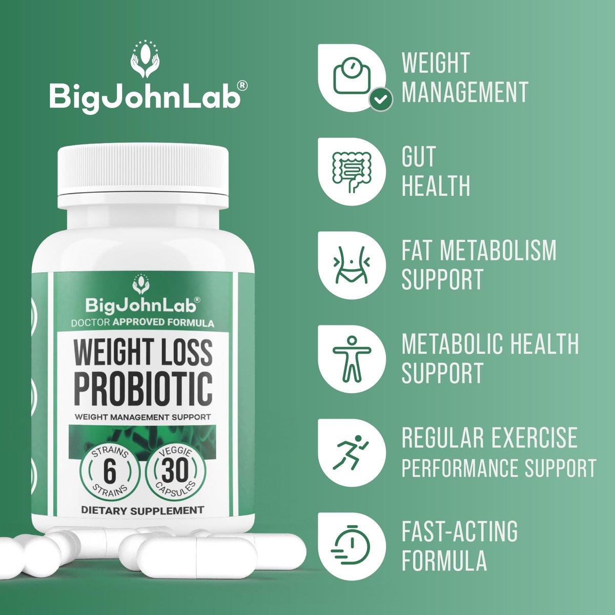 BIGJOHNLAB® Probiotika für Gewichtsmanagement & Blähungen - 6 probiotische Stämme - Präbiotika - Schlüsselzutaten Cayenne & Grüner Tee - Unterstützt die Darmgesundheit - Gewichtsmanagement für Frauen & Männer - 30 Kapseln
