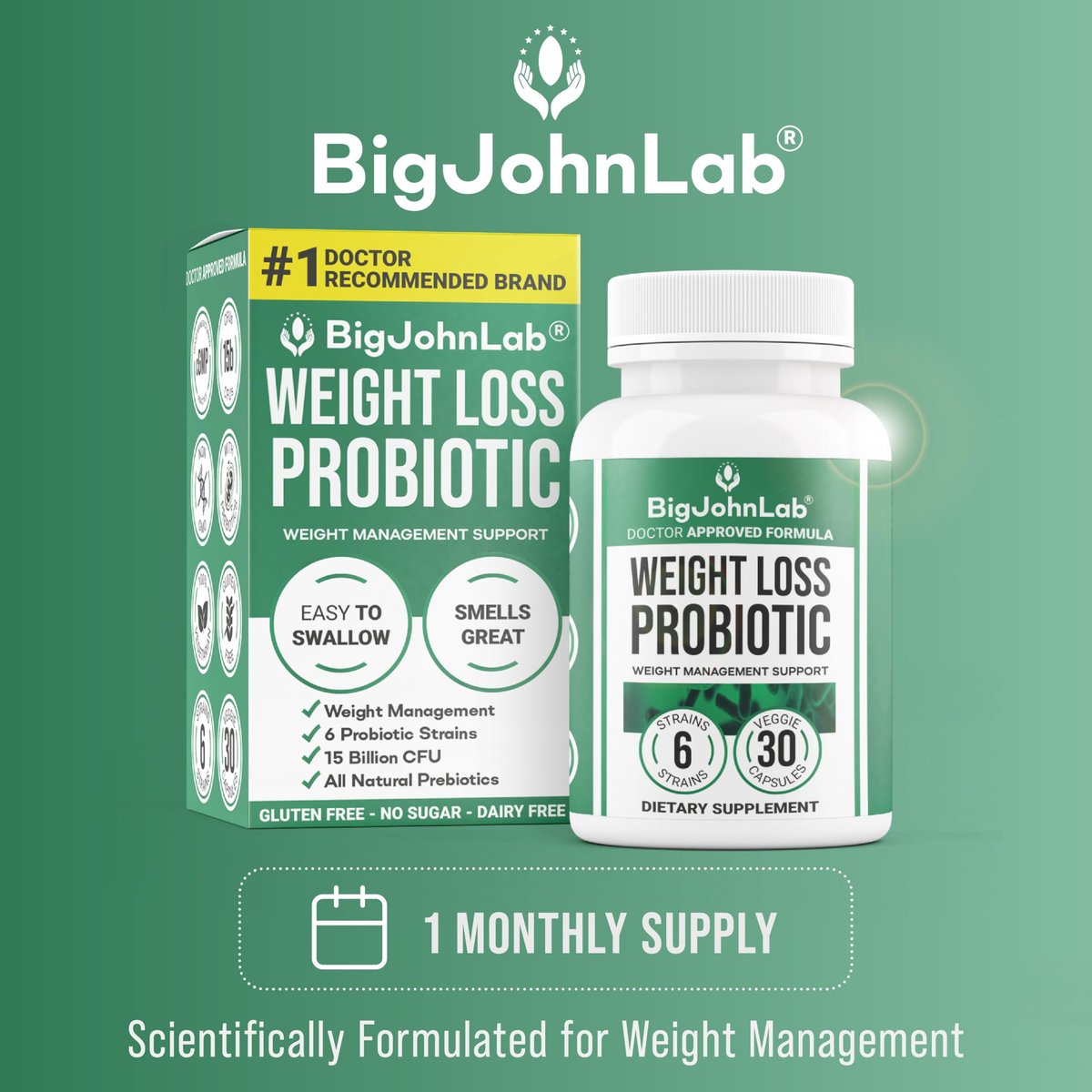 BIGJOHNLAB® Probiotika für Gewichtsmanagement & Blähungen - 6 probiotische Stämme - Präbiotika - Schlüsselzutaten Cayenne & Grüner Tee - Unterstützt die Darmgesundheit - Gewichtsmanagement für Frauen & Männer - 30 Kapseln