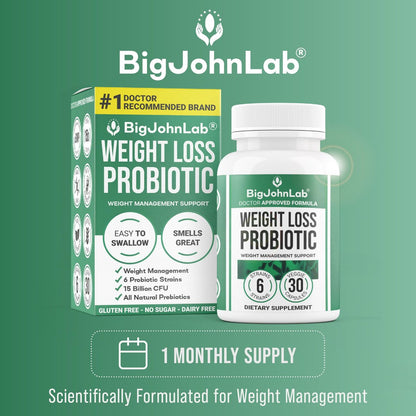 BIGJOHNLAB® Probiotika für Gewichtsmanagement & Blähungen - 6 probiotische Stämme - Präbiotika - Schlüsselzutaten Cayenne & Grüner Tee - Unterstützt die Darmgesundheit - Gewichtsmanagement für Frauen & Männer - 30 Kapseln