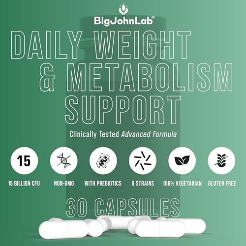BIGJOHNLAB® Probiotika für Gewichtsmanagement & Blähungen - 6 probiotische Stämme - Präbiotika - Schlüsselzutaten Cayenne & Grüner Tee - Unterstützt die Darmgesundheit - Gewichtsmanagement für Frauen & Männer - 30 Kapseln
