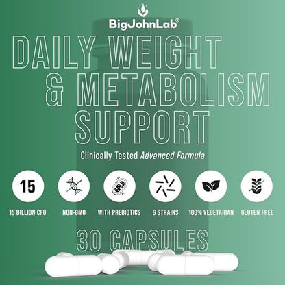 BIGJOHNLAB® Probiotika für Gewichtsmanagement & Blähungen - 6 probiotische Stämme - Präbiotika - Schlüsselzutaten Cayenne & Grüner Tee - Unterstützt die Darmgesundheit - Gewichtsmanagement für Frauen & Männer - 30 Kapseln