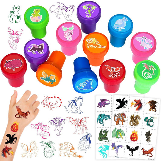 36-teiliges Drachen-Party-Set: 24 temporäre Tattoos & 12 Stempel – Magische Drachen-Geburtstagsdekorationen für Kinder, Goodie Bags, Klassenbelohnungen