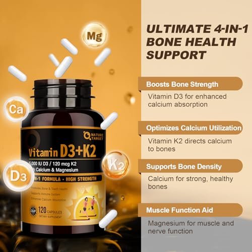 NATURE TARGET Vitamin D3 K2 mit Calcium & Magnesium - Max Stärke 4-in-1 Formel für Knochen-, Herz- & Immununterstützung - Liefert 5000 IE Vitamin D3 & 120 µg Vitamin K2, 120 Kapseln