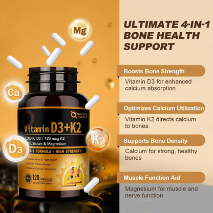 NATURE TARGET Vitamin D3 K2 mit Calcium & Magnesium - Max Stärke 4-in-1 Formel für Knochen-, Herz- & Immununterstützung - Liefert 5000 IE Vitamin D3 & 120 µg Vitamin K2, 120 Kapseln