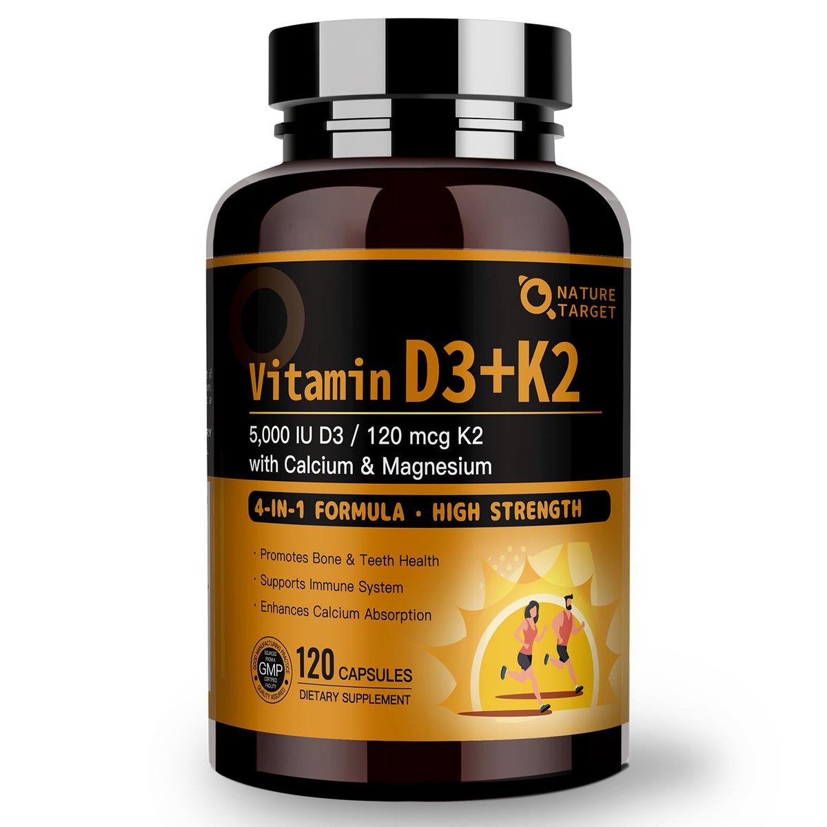 NATURE TARGET Vitamin D3 K2 mit Calcium & Magnesium - Max Stärke 4-in-1 Formel für Knochen-, Herz- & Immununterstützung - Liefert 5000 IE Vitamin D3 & 120 µg Vitamin K2, 120 Kapseln