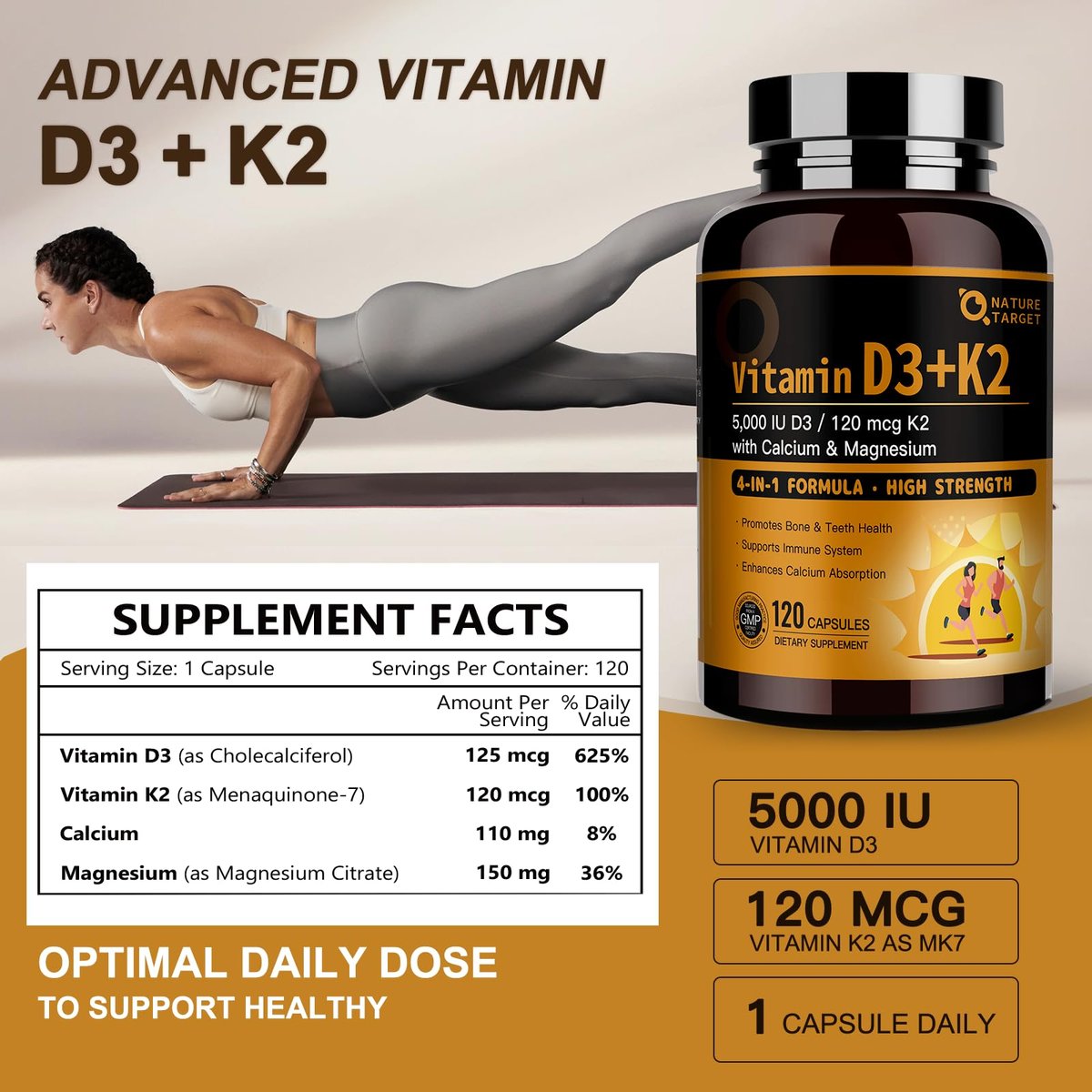 NATURE TARGET Vitamin D3 K2 mit Calcium & Magnesium - Max Stärke 4-in-1 Formel für Knochen-, Herz- & Immununterstützung - Liefert 5000 IE Vitamin D3 & 120 µg Vitamin K2, 120 Kapseln