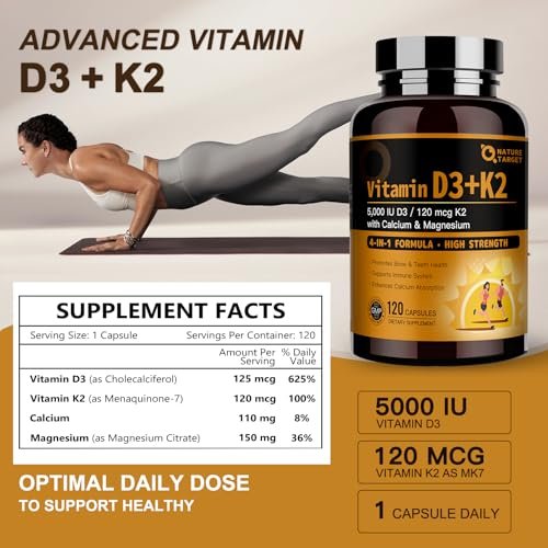 NATURE TARGET Vitamin D3 K2 mit Calcium & Magnesium - Max Stärke 4-in-1 Formel für Knochen-, Herz- & Immununterstützung - Liefert 5000 IE Vitamin D3 & 120 µg Vitamin K2, 120 Kapseln