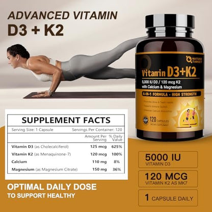 NATURE TARGET Vitamin D3 K2 mit Calcium & Magnesium - Max Stärke 4-in-1 Formel für Knochen-, Herz- & Immununterstützung - Liefert 5000 IE Vitamin D3 & 120 µg Vitamin K2, 120 Kapseln