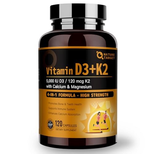 NATURE TARGET Vitamin D3 K2 mit Calcium & Magnesium - Max Stärke 4-in-1 Formel für Knochen-, Herz- & Immununterstützung - Liefert 5000 IE Vitamin D3 & 120 µg Vitamin K2, 120 Kapseln