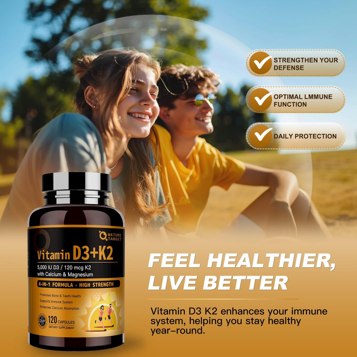 NATURE TARGET Vitamin D3 K2 mit Calcium & Magnesium - Max Stärke 4-in-1 Formel für Knochen-, Herz- & Immununterstützung - Liefert 5000 IE Vitamin D3 & 120 µg Vitamin K2, 120 Kapseln