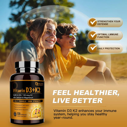 NATURE TARGET Vitamin D3 K2 mit Calcium & Magnesium - Max Stärke 4-in-1 Formel für Knochen-, Herz- & Immununterstützung - Liefert 5000 IE Vitamin D3 & 120 µg Vitamin K2, 120 Kapseln