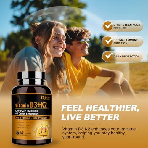 NATURE TARGET Vitamin D3 K2 mit Calcium & Magnesium - Max Stärke 4-in-1 Formel für Knochen-, Herz- & Immununterstützung - Liefert 5000 IE Vitamin D3 & 120 µg Vitamin K2, 120 Kapseln