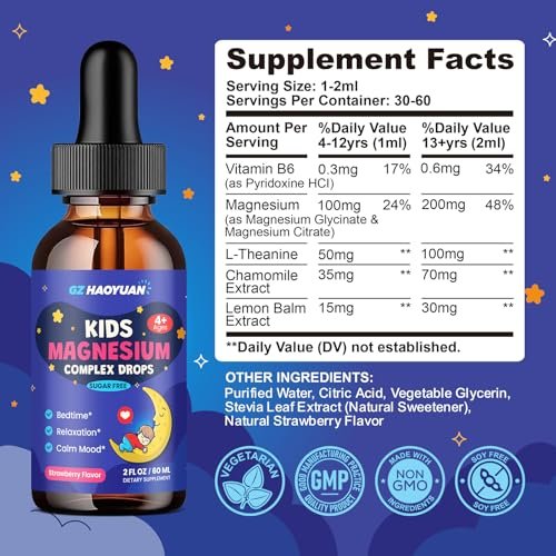 Kids Magnesium Liquid Drops - Magnesiumglycinat für Kinder, Citratflüssigkeit mit L-Theanin, Kamille & Vitamin B6 für Schlaf, Entspannung, Ruhe & Konzentration - Erdbeergeschmack, 59 ml