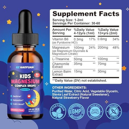 Kids Magnesium Liquid Drops - Magnesiumglycinat für Kinder, Citratflüssigkeit mit L-Theanin, Kamille & Vitamin B6 für Schlaf, Entspannung, Ruhe & Konzentration - Erdbeergeschmack, 59 ml