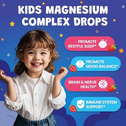 Kids Magnesium Liquid Drops - Magnesiumglycinat für Kinder, Citratflüssigkeit mit L-Theanin, Kamille & Vitamin B6 für Schlaf, Entspannung, Ruhe & Konzentration - Erdbeergeschmack, 59 ml