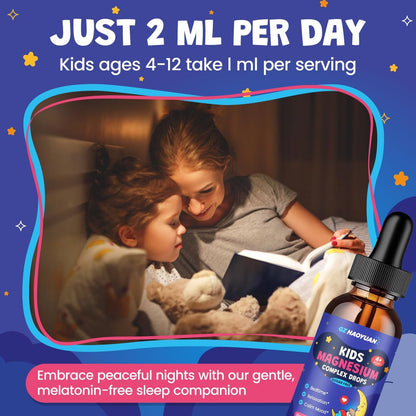 Kids Magnesium Liquid Drops - Magnesiumglycinat für Kinder, Citratflüssigkeit mit L-Theanin, Kamille & Vitamin B6 für Schlaf, Entspannung, Ruhe & Konzentration - Erdbeergeschmack, 59 ml
