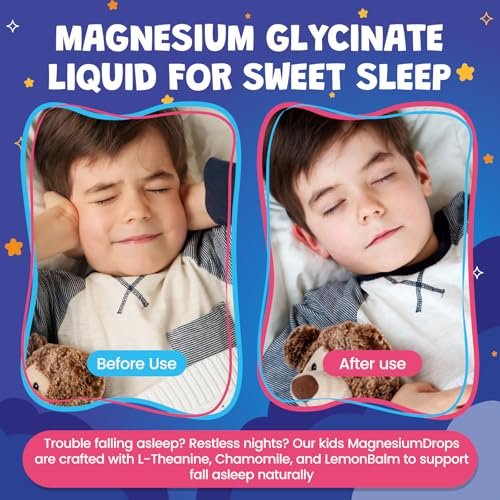 Kids Magnesium Liquid Drops - Magnesiumglycinat für Kinder, Citratflüssigkeit mit L-Theanin, Kamille & Vitamin B6 für Schlaf, Entspannung, Ruhe & Konzentration - Erdbeergeschmack, 59 ml