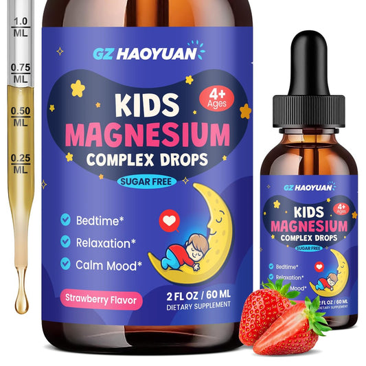 Kids Magnesium Liquid Drops - Magnesiumglycinat für Kinder, Citratflüssigkeit mit L-Theanin, Kamille & Vitamin B6 für Schlaf, Entspannung, Ruhe & Konzentration - Erdbeergeschmack, 59 ml