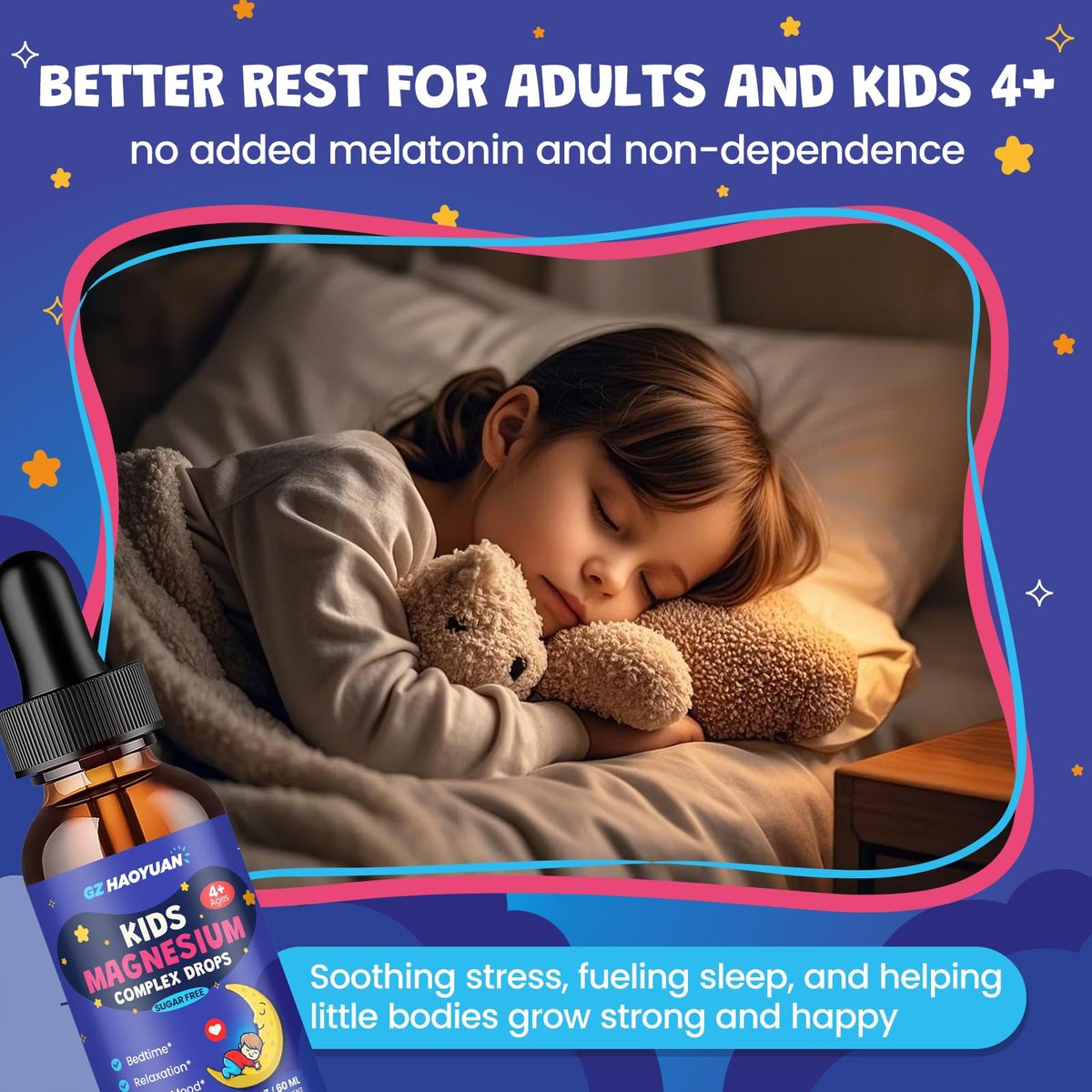 Kids Magnesium Liquid Drops - Magnesiumglycinat für Kinder, Citratflüssigkeit mit L-Theanin, Kamille & Vitamin B6 für Schlaf, Entspannung, Ruhe & Konzentration - Erdbeergeschmack, 59 ml