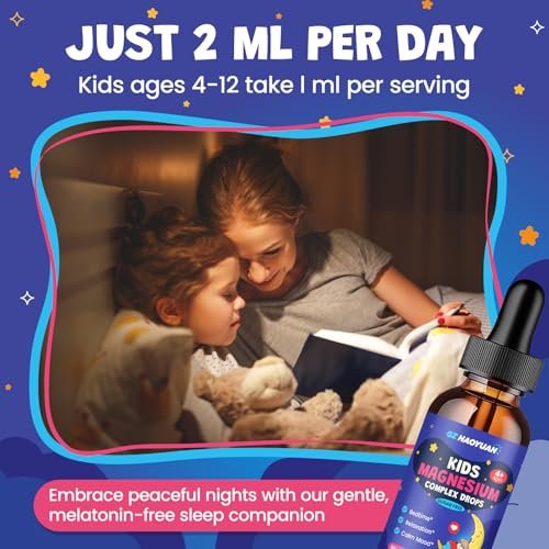 Kids Magnesium Liquid Drops - Magnesiumglycinat für Kinder, Citratflüssigkeit mit L-Theanin, Kamille & Vitamin B6 für Schlaf, Entspannung, Ruhe & Konzentration - Erdbeergeschmack, 59 ml
