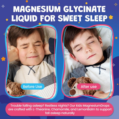 Kids Magnesium Liquid Drops - Magnesiumglycinat für Kinder, Citratflüssigkeit mit L-Theanin, Kamille & Vitamin B6 für Schlaf, Entspannung, Ruhe & Konzentration - Erdbeergeschmack, 59 ml