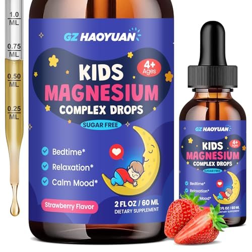 Kids Magnesium Liquid Drops - Magnesiumglycinat für Kinder, Citratflüssigkeit mit L-Theanin, Kamille & Vitamin B6 für Schlaf, Entspannung, Ruhe & Konzentration - Erdbeergeschmack, 59 ml