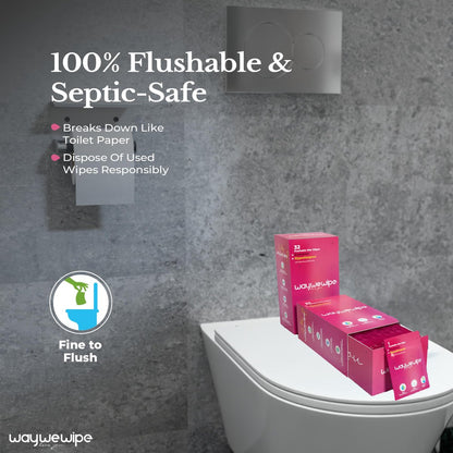 Waywewipe On-The-Go Feuchttücher für Frauen, 32 einzeln verpackte XL-Tücher, hypoallergen, 100% pflanzlich, spülbar, für unterwegs, Rosenwasser