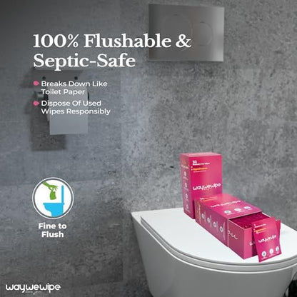 Waywewipe On-The-Go Feuchttücher für Frauen, 32 einzeln verpackte XL-Tücher, hypoallergen, 100% pflanzlich, spülbar, für unterwegs, Rosenwasser