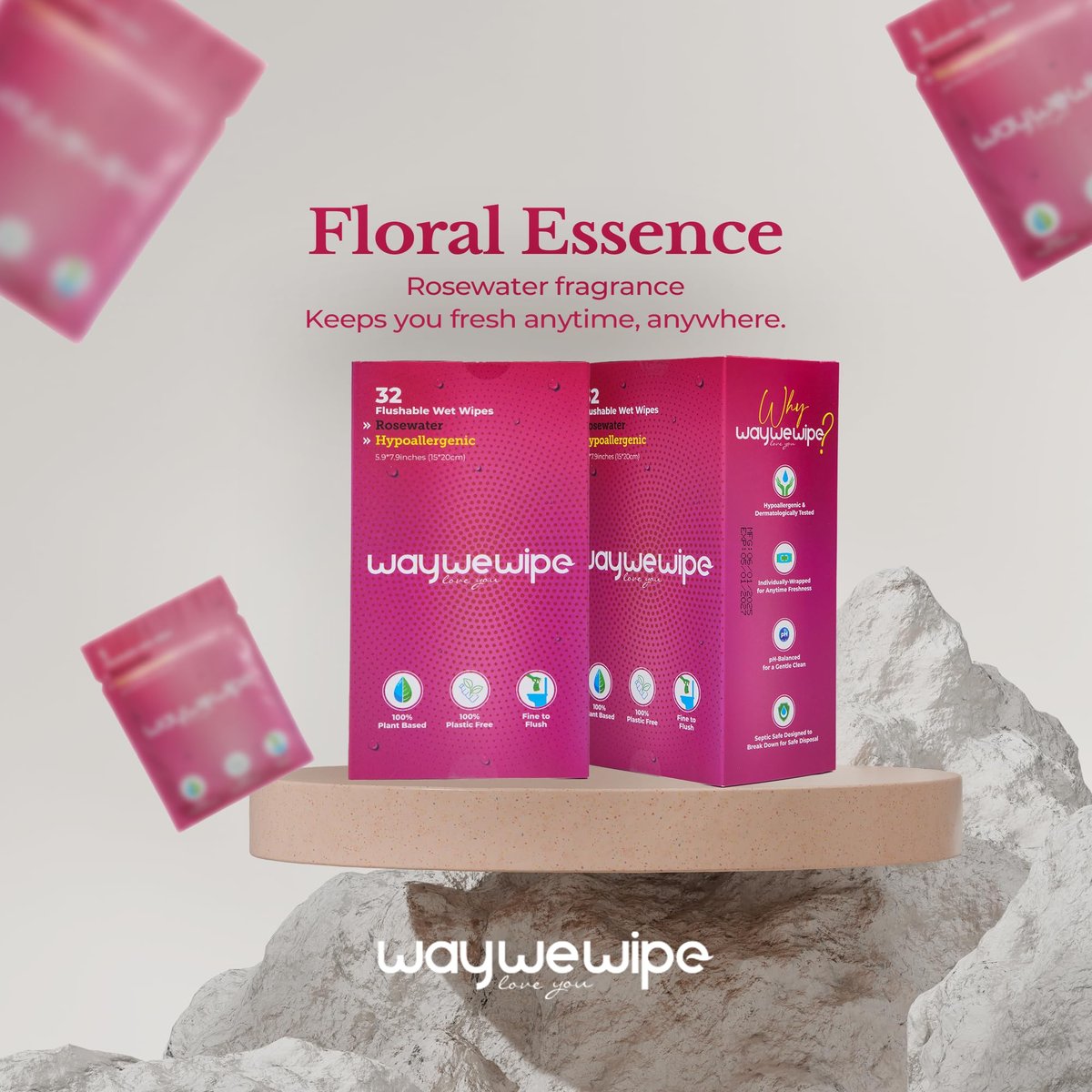 Waywewipe On-The-Go Feuchttücher für Frauen, 32 einzeln verpackte XL-Tücher, hypoallergen, 100% pflanzlich, spülbar, für unterwegs, Rosenwasser