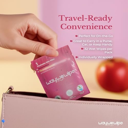 Waywewipe On-The-Go Feuchttücher für Frauen, 32 einzeln verpackte XL-Tücher, hypoallergen, 100% pflanzlich, spülbar, für unterwegs, Rosenwasser