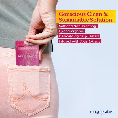 Waywewipe On-The-Go Feuchttücher für Frauen, 32 einzeln verpackte XL-Tücher, hypoallergen, 100% pflanzlich, spülbar, für unterwegs, Rosenwasser