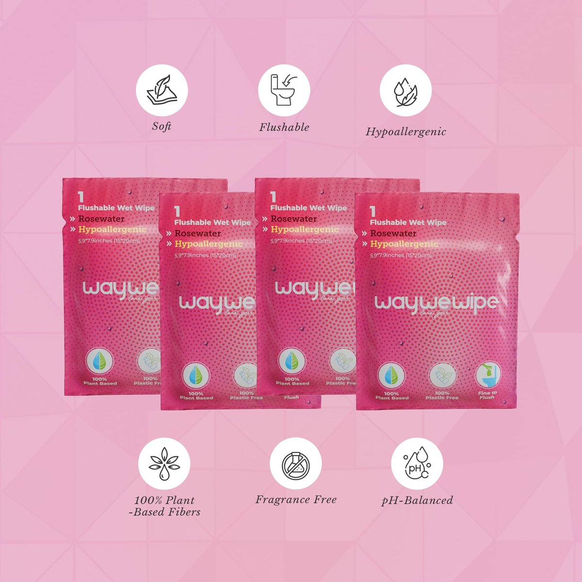 Waywewipe On-The-Go Feuchttücher für Frauen, 32 einzeln verpackte XL-Tücher, hypoallergen, 100% pflanzlich, spülbar, für unterwegs, Rosenwasser